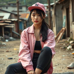 A beautiful Korean woman with glowing, flawless skin, wearing a long-sleeve pink jacket, black jeans, and sneakers, a hip hop cap on her head, sitting and facing forward