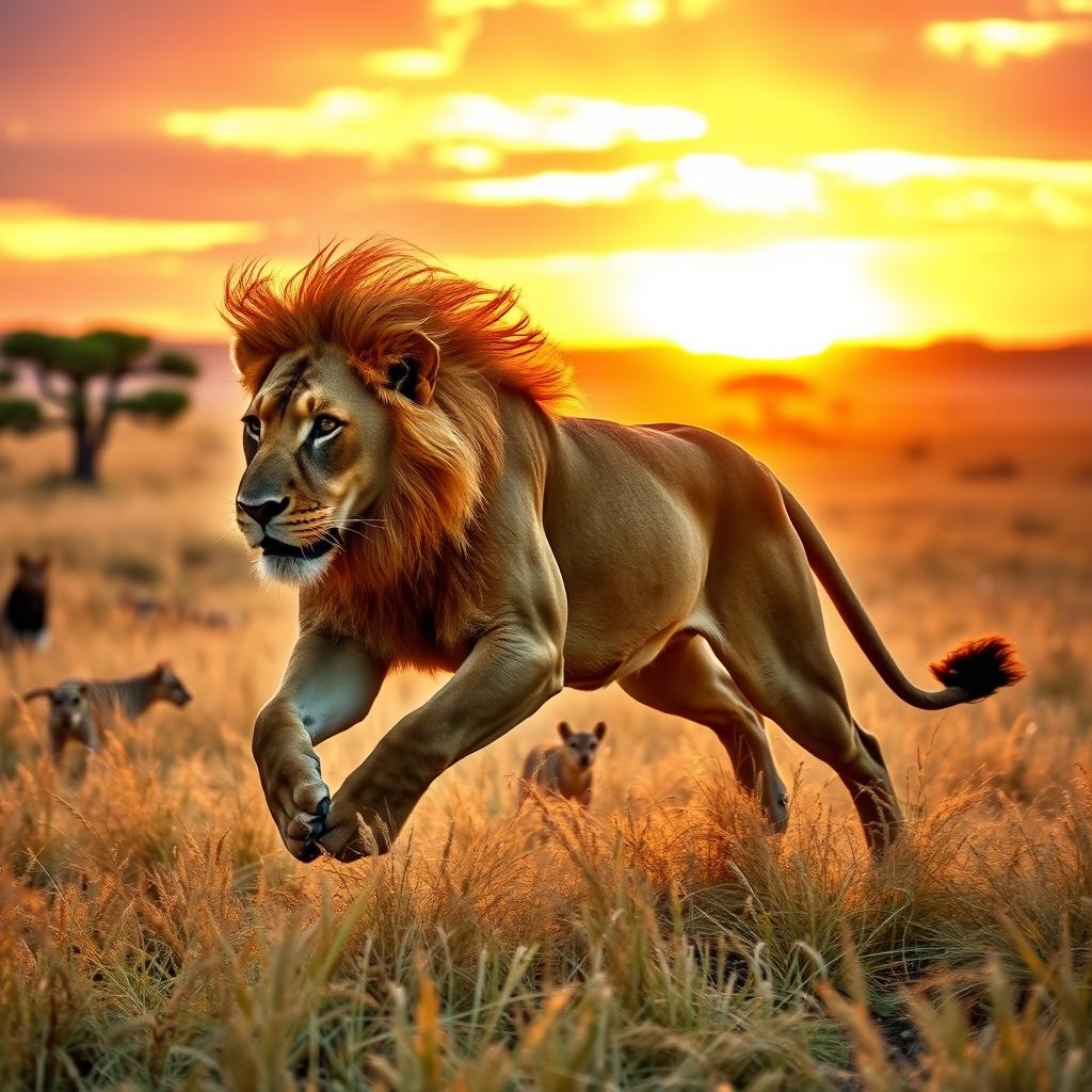 A powerful lion running majestically across the African savannah, its mane flowing beautifully in the wind
