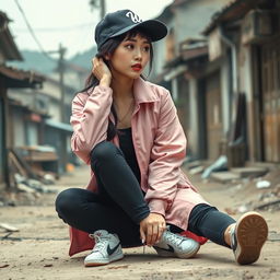 A beautiful Korean woman with a glowing flawless complexion, wearing a long-sleeved pink jacket, black jeans, and stylish sneakers