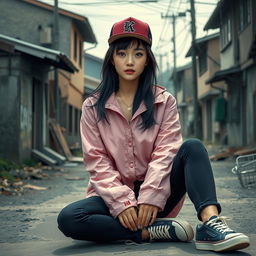 A beautiful Korean woman with a glowing flawless complexion, wearing a long-sleeved pink jacket, black jeans, and stylish sneakers