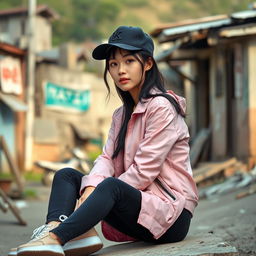 A beautiful Korean woman with a glowing flawless complexion, wearing a long-sleeved pink jacket, black jeans, and stylish sneakers