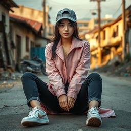 A beautiful Korean woman with a glowing flawless complexion, wearing a long-sleeved pink jacket, black jeans, and stylish sneakers