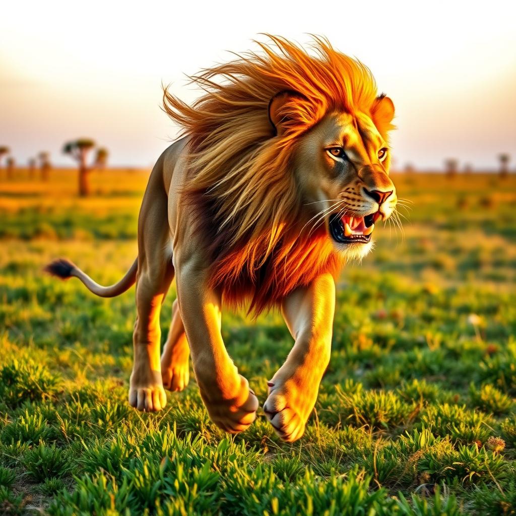 A majestic lion sprinting across a lush green savanna, its golden mane flowing in the wind, showcasing its powerful muscles and fierce expression