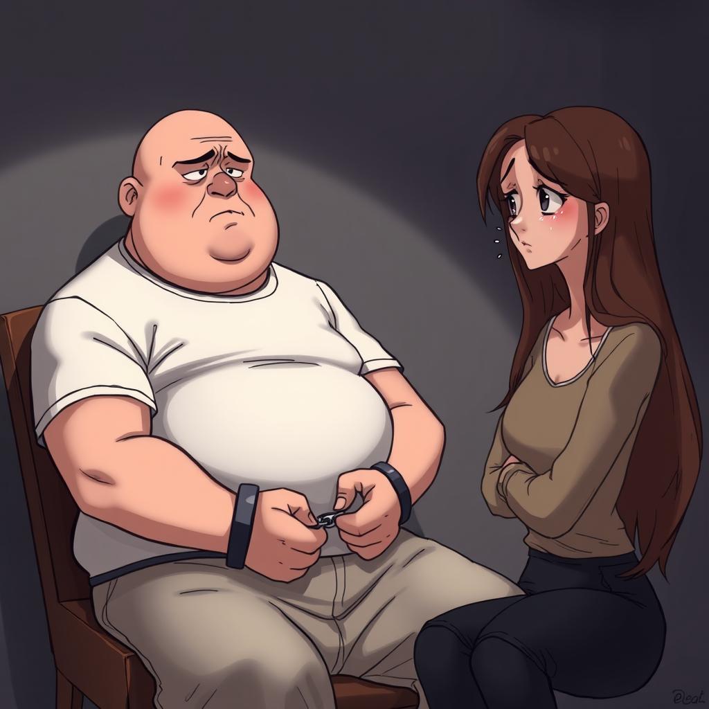 An illustration depicting a distressed scene: a chubby, bald white man in handcuffs, appearing remorseful or defeated, sitting on a chair in a dimly lit room