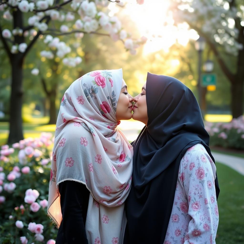 A tender moment between two women wearing hijabs, sharing a soft kiss in a serene park setting
