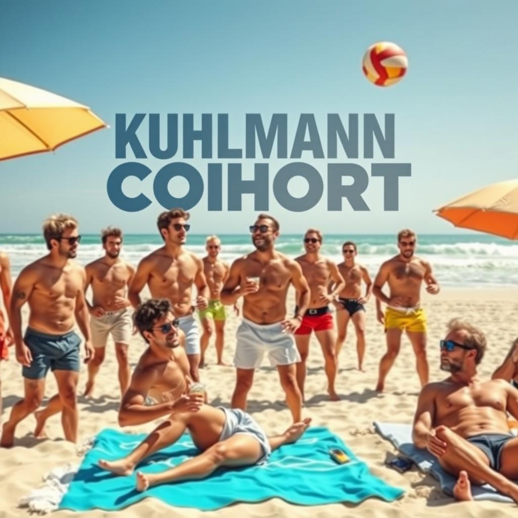 A vibrant summer scene depicting a group of attractive men enjoying a sunny day at the beach