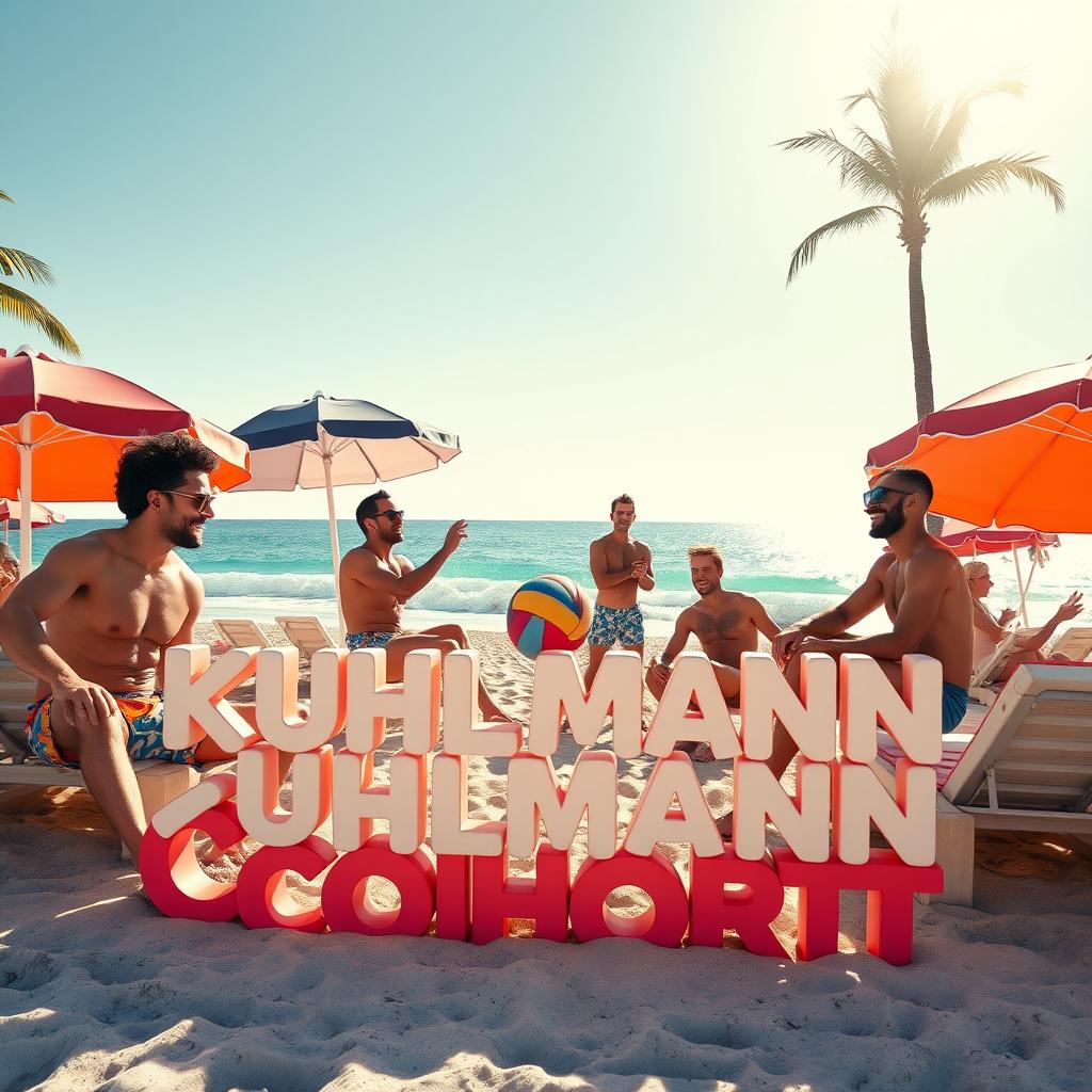 A vibrant summer beach scene featuring a group of attractive, fit men enjoying their time at the beach