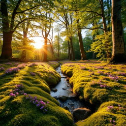A vibrant forest scene during the golden hour, with soft rays of sunlight filtering through the dense canopy of trees
