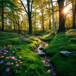 A vibrant forest scene during the golden hour, with soft rays of sunlight filtering through the dense canopy of trees
