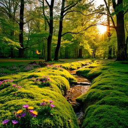 A vibrant forest scene during the golden hour, with soft rays of sunlight filtering through the dense canopy of trees