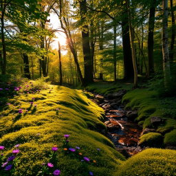 A vibrant forest scene during the golden hour, with soft rays of sunlight filtering through the dense canopy of trees