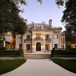 The exterior of a grand mansion with a driveway, inspired by the architectural details observed in the provided link.