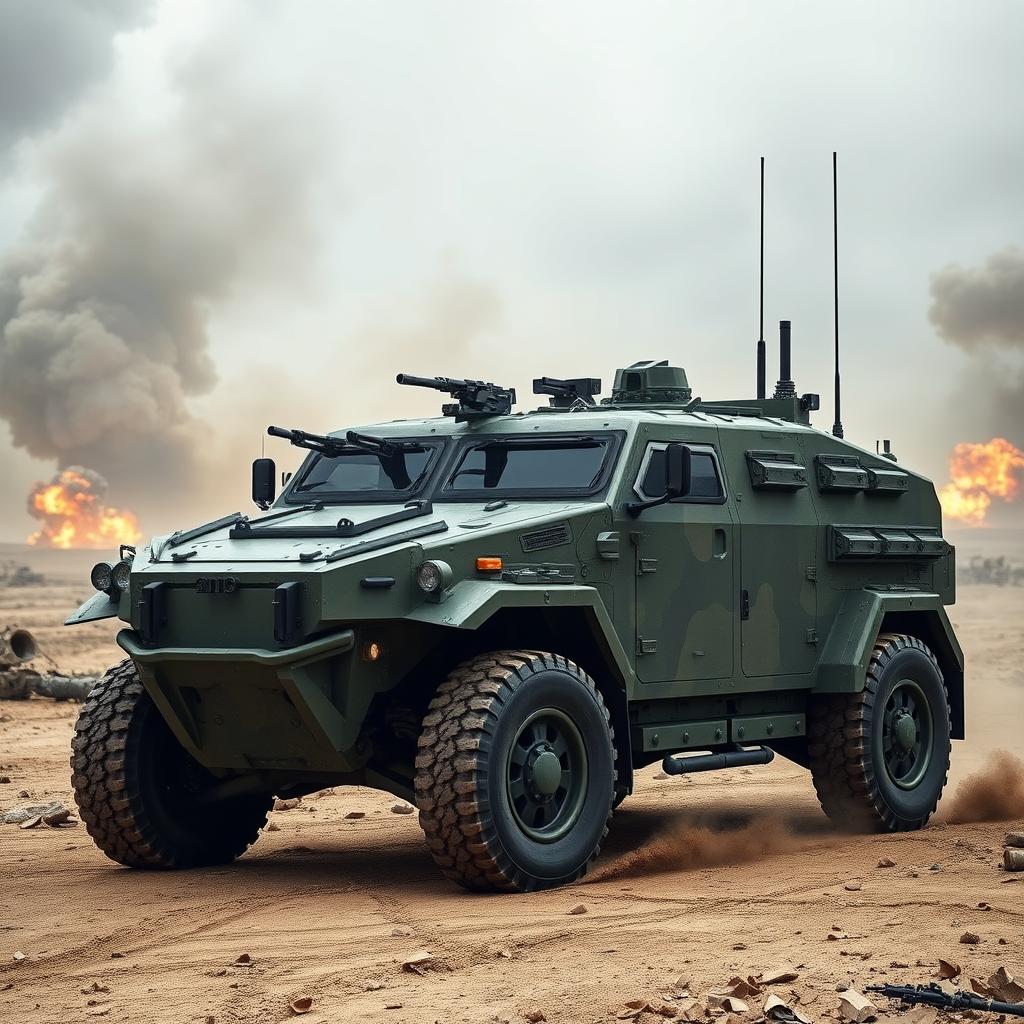An armored military vehicle designed for combat situations, showcasing advanced armor plating and tactical features