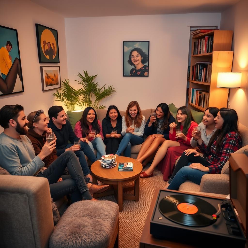 A friends gathering in a cozy living room filled with warmth and laughter