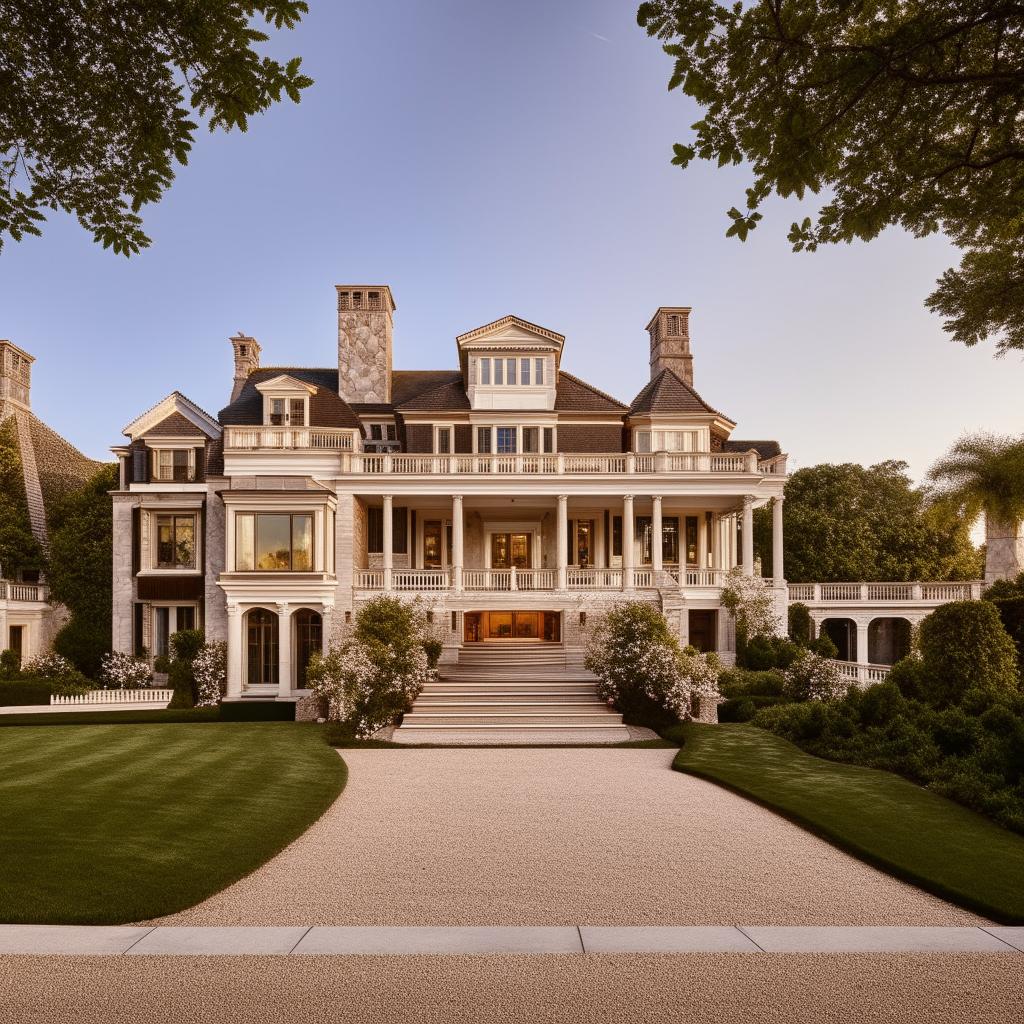 The exterior of a grand mansion with a driveway, inspired by the architectural details observed in the provided link.