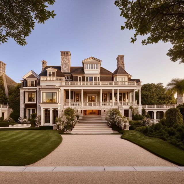 The exterior of a grand mansion with a driveway, inspired by the architectural details observed in the provided link.