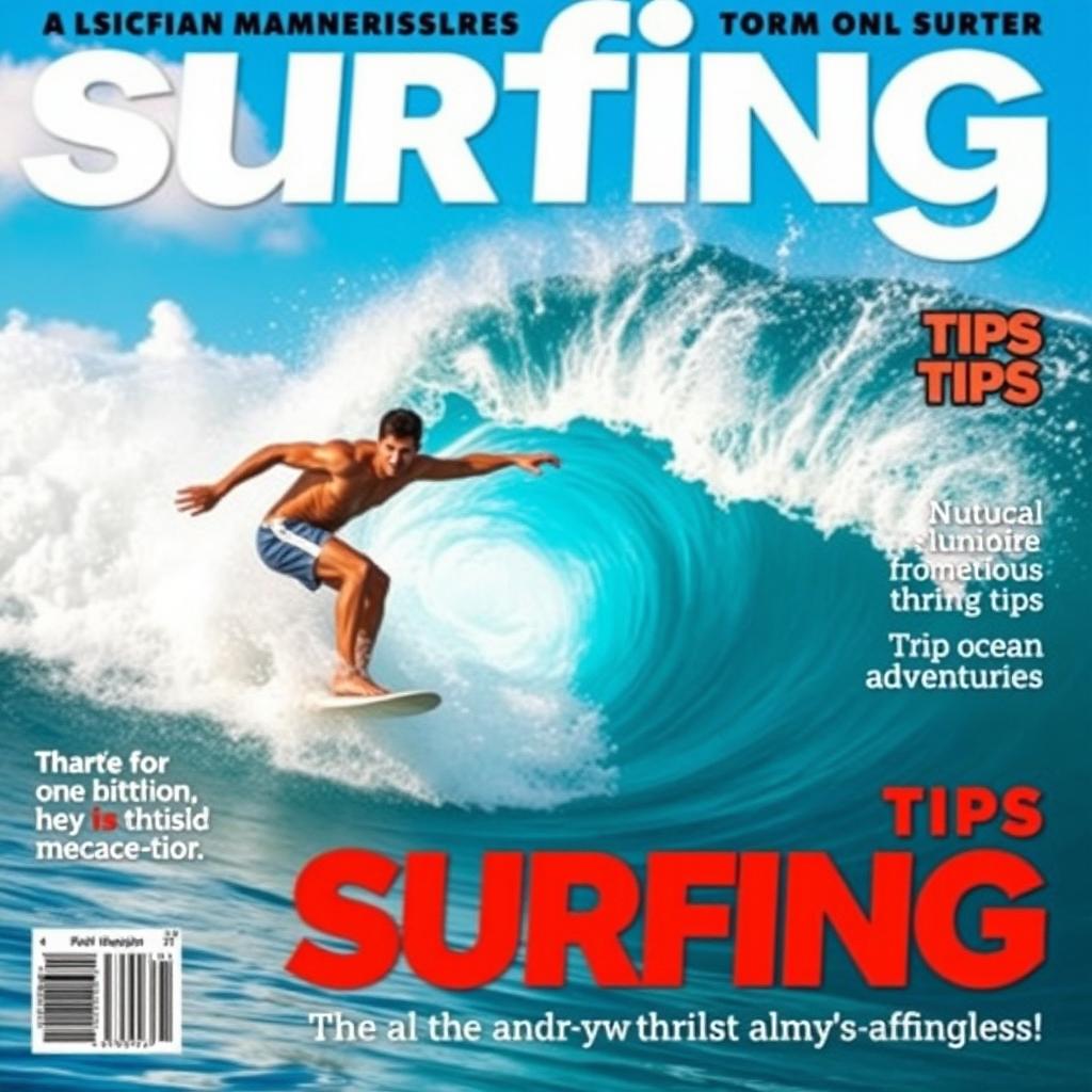 A dynamic and exhilarating magazine cover featuring a surfer skillfully riding a massive, towering wave