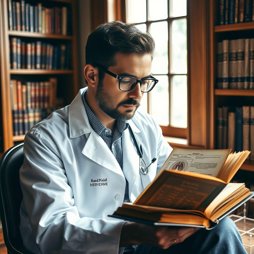 A focused doctor with glasses, dressed in a white lab coat, is sitting in a cozy, well-lit library