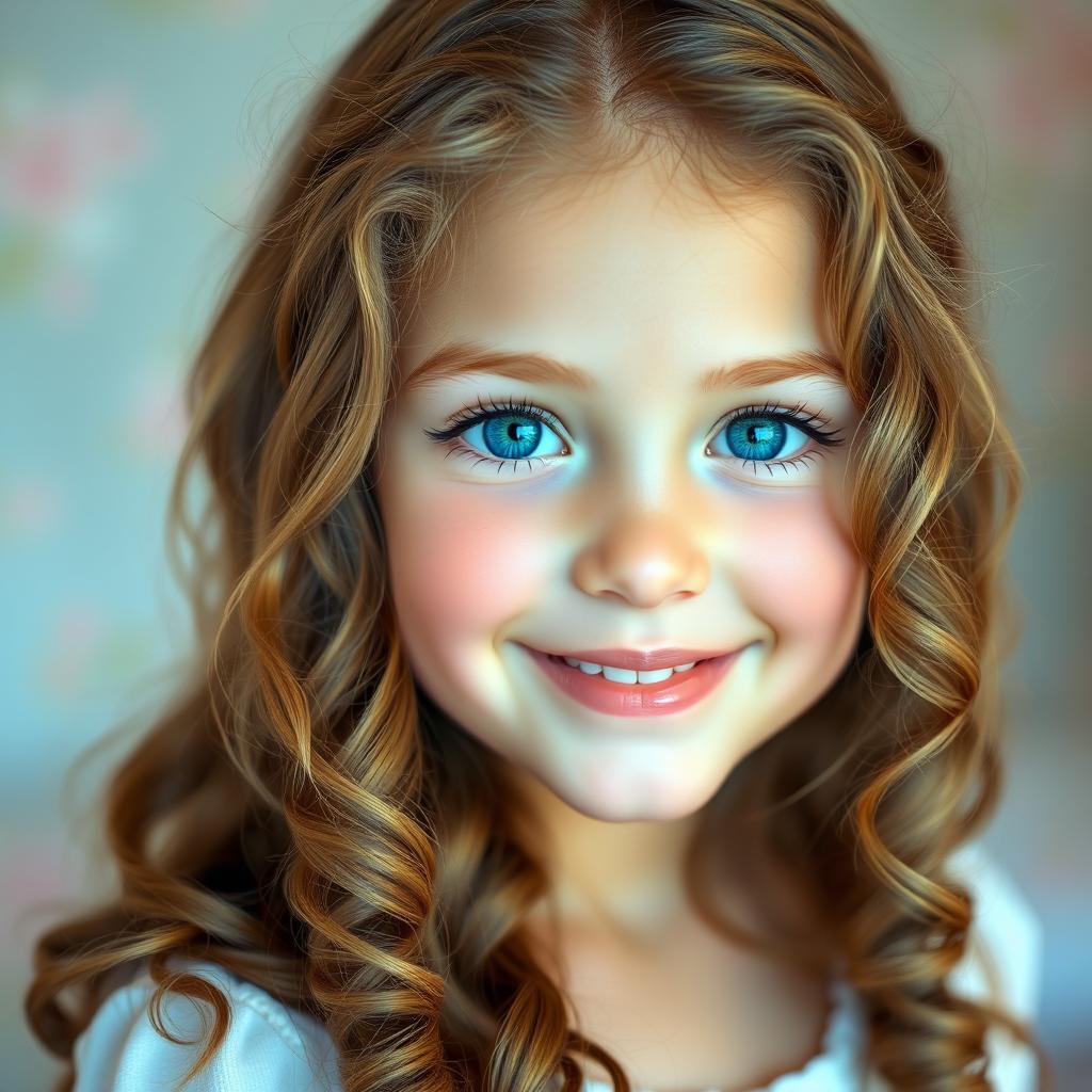 A beautiful girl with fair and flawless skin, long curly brown hair flowing elegantly around her shoulders, and serene sea-blue eyes that sparkle with tranquility