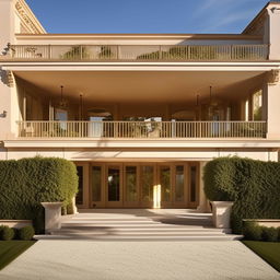 The exterior of a grand mansion with a horizontal ramp serving as a balcony rail and a broad driveway, bathed in daylight. The design takes inspiration from the architectural features in the provided link.