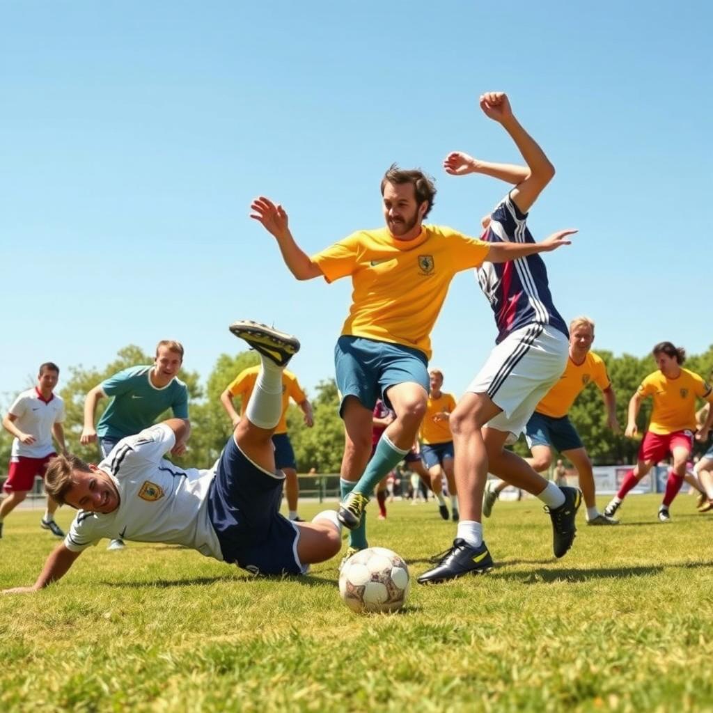 A humorous scene depicting a group of amateur soccer players, showcasing their clumsy attempts at playing football