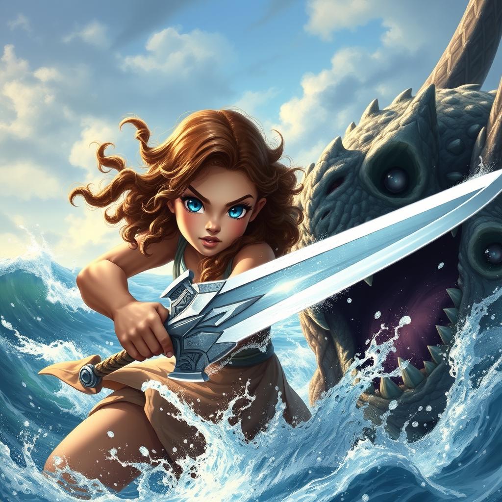 A courageous girl with fair and flawless skin, long curly brown hair cascading around her shoulders, and serene sea-blue eyes that reflect the calmness of the ocean