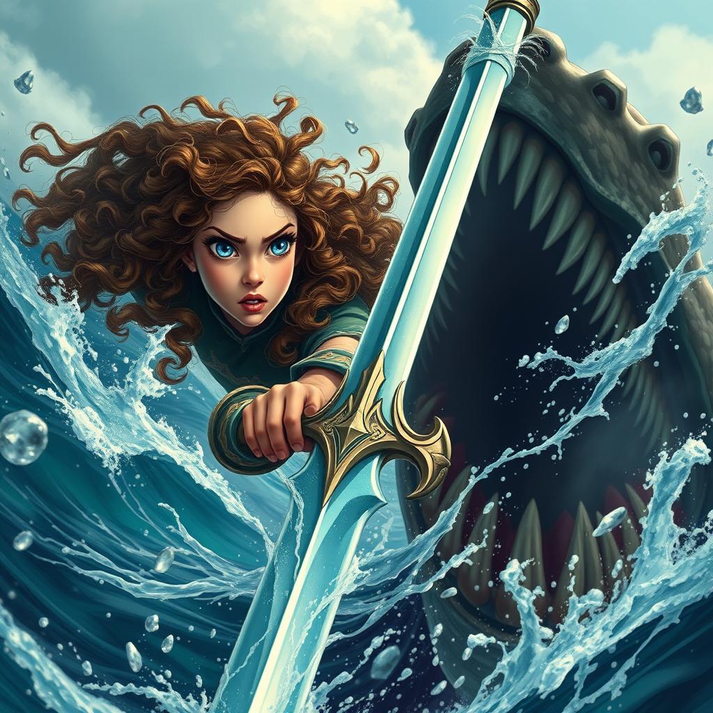 A brave girl with fair and flawless skin, long curly brown hair flowing wildly as she enters battle, and serene sea-blue eyes that glisten with determination