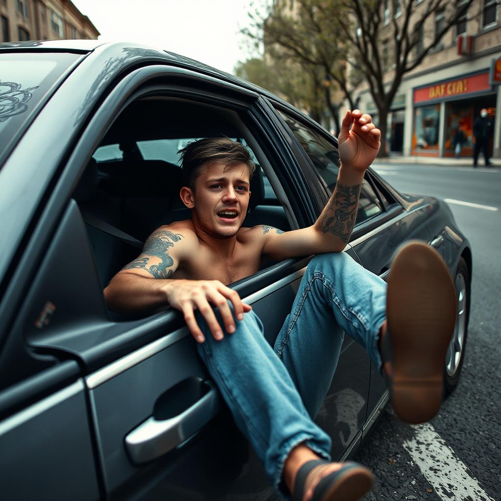 A young, injured man is attempting to throw himself out of the driver's seat of a car onto the street