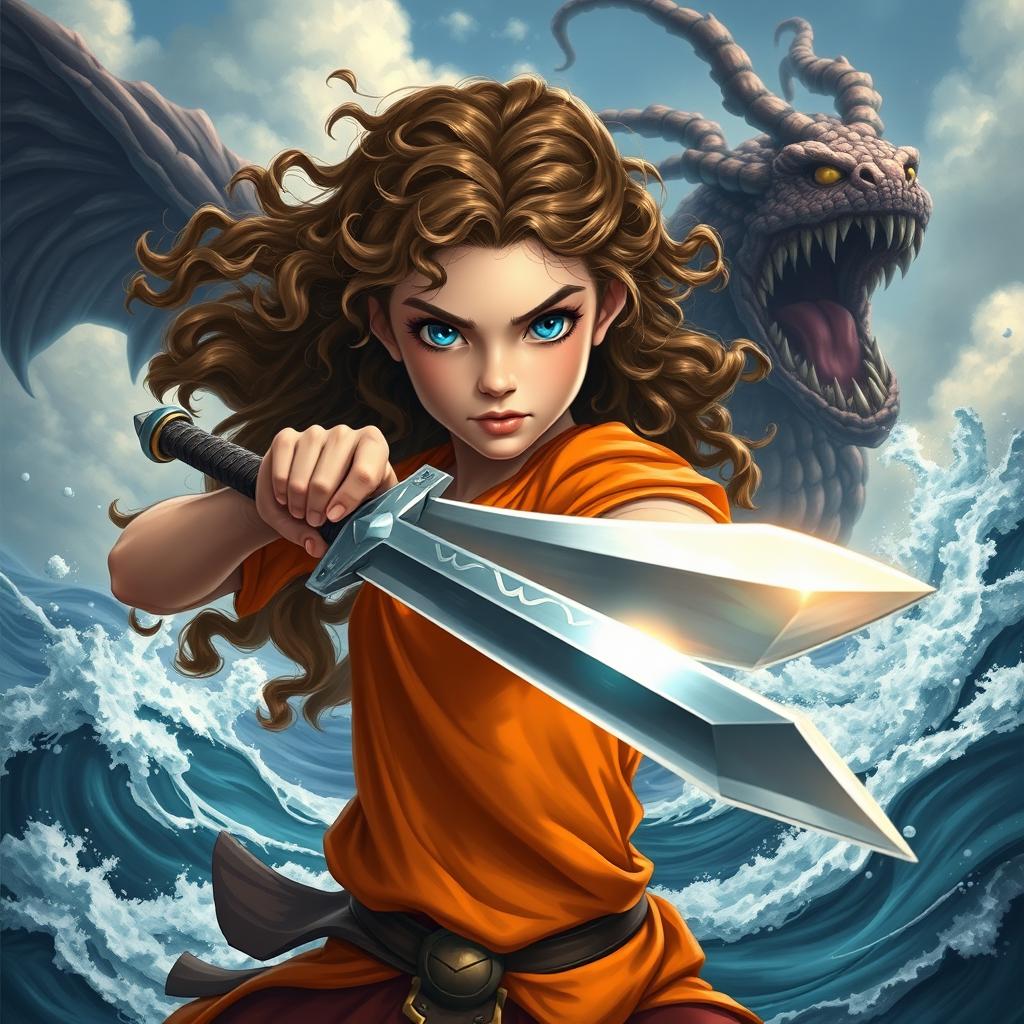 A brave girl with fair and flawless skin, long curly brown hair billowing around her as she stands ready for battle