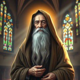 A serene and reverent representation of Mar Efram the Syrian, depicted as a wise and aged saint, wearing traditional early Christian attire with a deep hood and a flowing robe