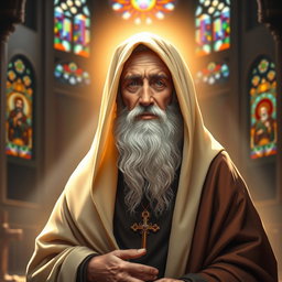 A serene and reverent representation of Mar Efram the Syrian, depicted as a wise and aged saint, wearing traditional early Christian attire with a deep hood and a flowing robe