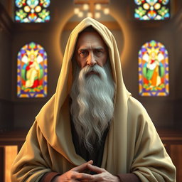 A serene and reverent representation of Mar Efram the Syrian, depicted as a wise and aged saint, wearing traditional early Christian attire with a deep hood and a flowing robe