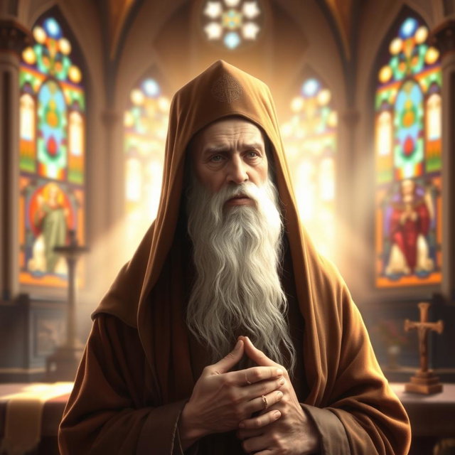 A serene and reverent representation of Mar Efram the Syrian, depicted as a wise and aged saint, wearing traditional early Christian attire with a deep hood and a flowing robe
