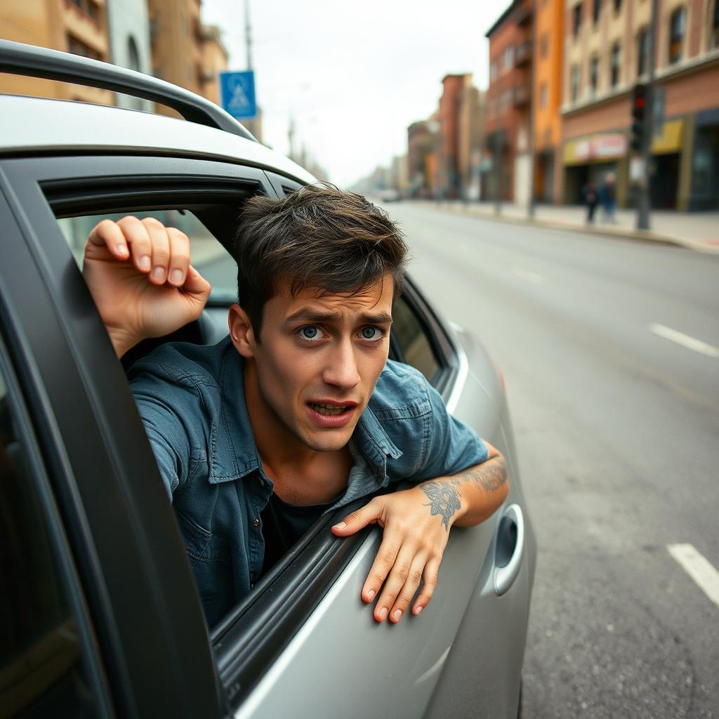 A young man with short, dark hair, looking distressed and wounded, trying to throw himself from the passenger seat of a car onto the street