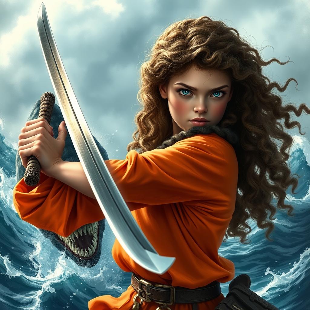 A tall, confident girl with fair and flawless skin, long curly brown hair flowing dramatically behind her, and serene ocean-blue eyes that reflect courage
