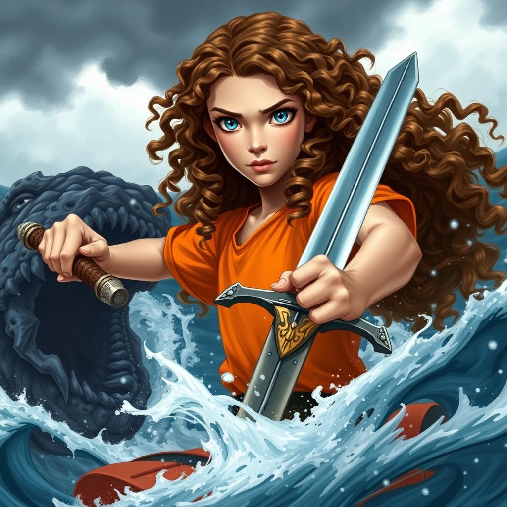 A tall girl with fair and flawless skin, long curly brown hair dramatically cascading around her shoulders, and serene ocean-blue eyes filled with bravery