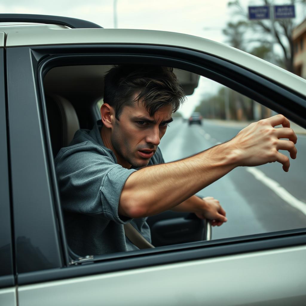 A young man with short, dark hair, looking distressed and wounded, attempting to throw himself from the passenger seat of a car without opening the door, as if he is in the process of making a desperate escape
