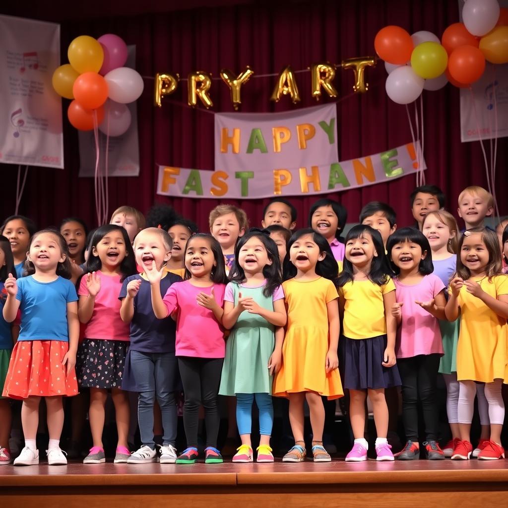 A vibrant and joyful children's choir performing energetically on stage, with a diverse group of kids of various ethnicities, wearing colorful matching outfits