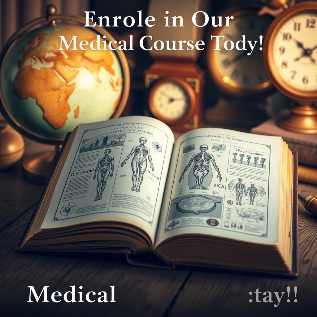 A vintage medical book opened to a page with intricate illustrations of human anatomy and old-fashioned medical diagrams, surrounded by a softly lit, rustic wooden table