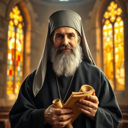 A serene and reflective depiction of Mar Efram the Syrian saint, portrayed as a wise and compassionate figure