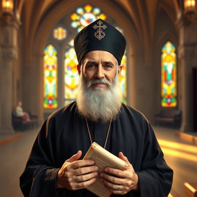 A serene and reflective depiction of Mar Efram the Syrian saint, portrayed as a wise and compassionate figure
