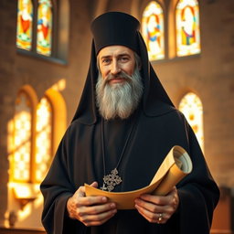 A serene and reflective depiction of Mar Efram the Syrian saint, portrayed as a wise and compassionate figure