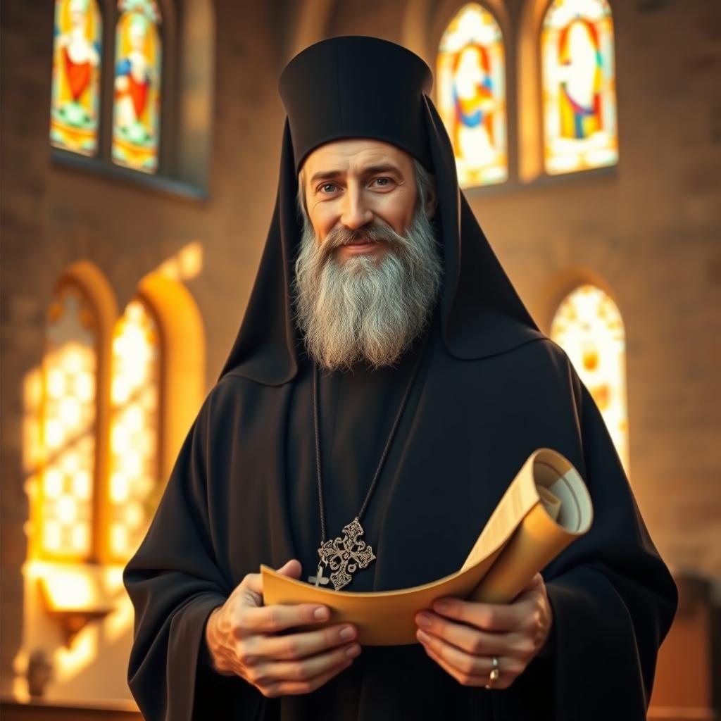 A serene and reflective depiction of Mar Efram the Syrian saint, portrayed as a wise and compassionate figure