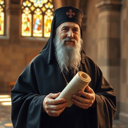 A serene and reflective depiction of Mar Efram the Syrian saint, portrayed as a wise and compassionate figure