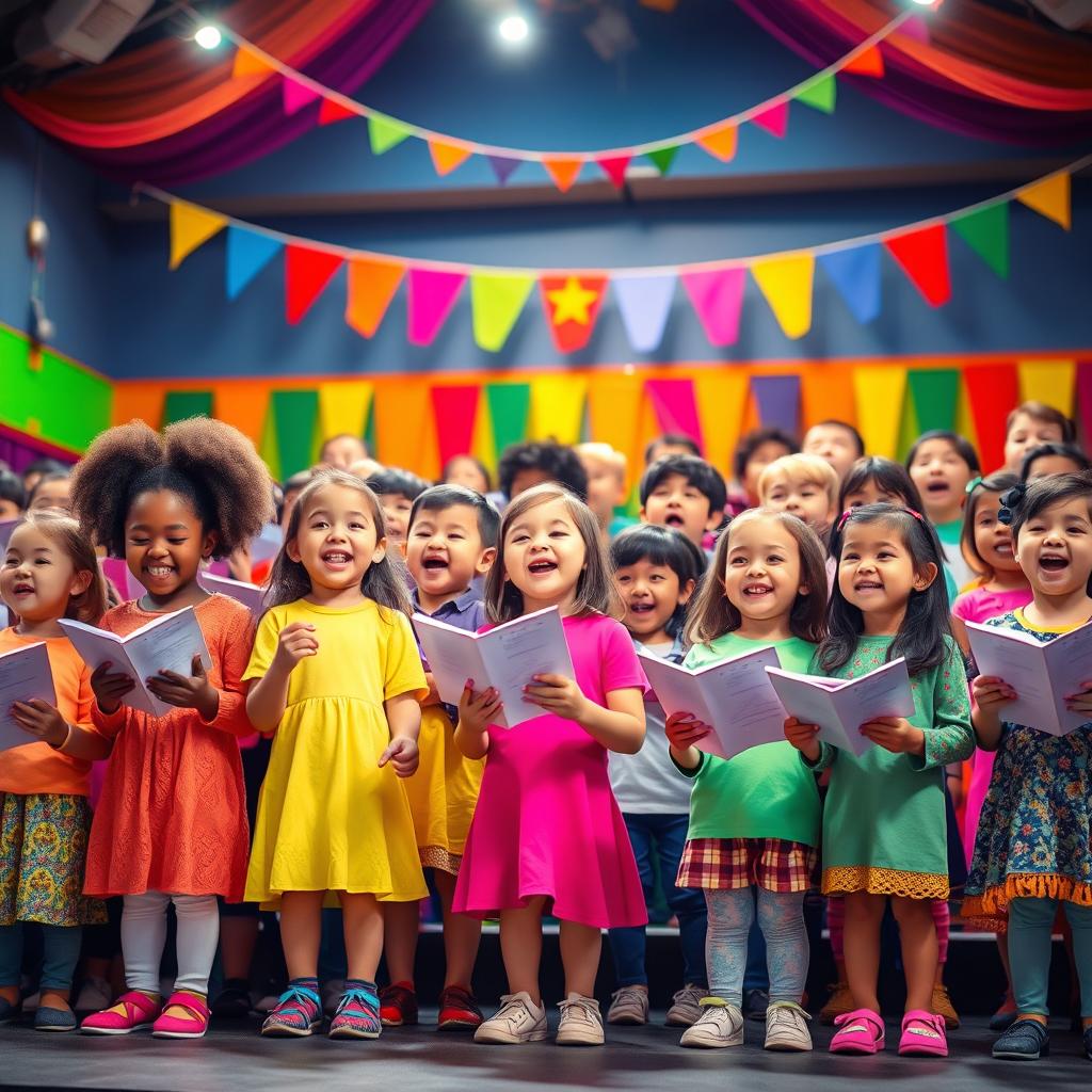 A vibrant scene depicting a children's choir in a colorful auditorium, with children of various ethnicities singing joyfully
