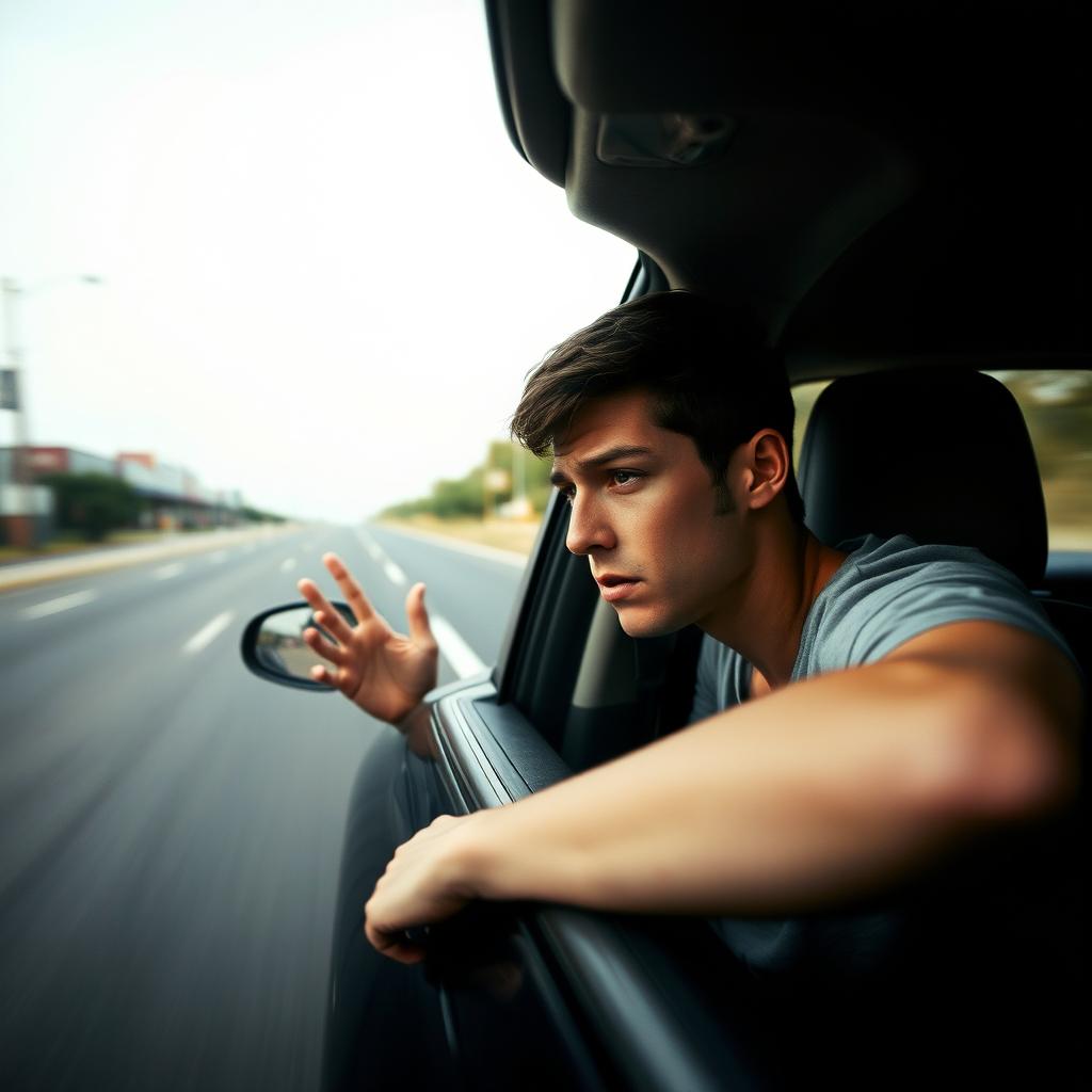 A young man with short, dark hair, appearing anxious but not wounded, preparing to leap out of a moving car while seated in the passenger seat