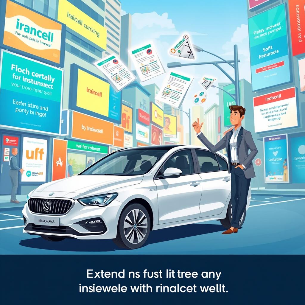 A vibrant and dynamic digital illustration showcasing the theme of extending auto third-party insurance with Irancell