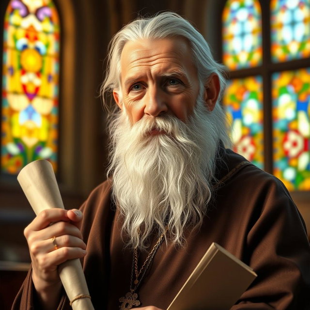 A majestic and serene portrait of Mar Efram, the Syrian saint, depicted as an elderly man with a long, flowing beard and traditional robes