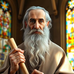 A majestic and serene portrait of Mar Efram, the Syrian saint, depicted as an elderly man with a long, flowing beard and traditional robes