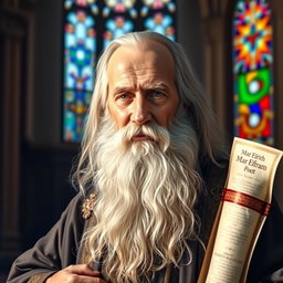 A majestic and serene portrait of Mar Efram, the Syrian saint, depicted as an elderly man with a long, flowing beard and traditional robes